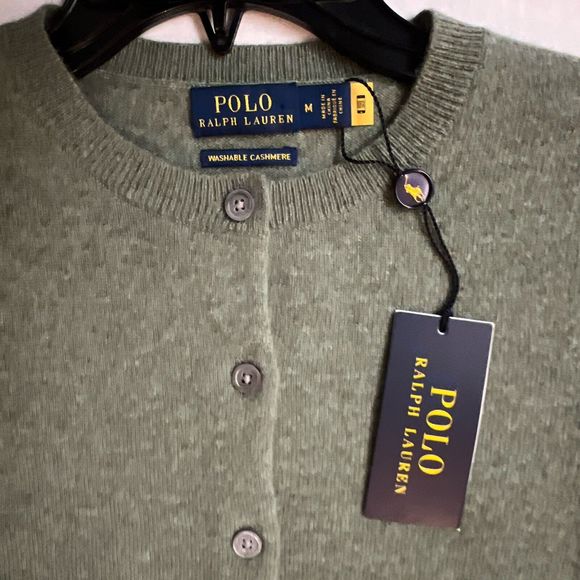 Polo Ralph Lauren Sz M Green/Gray Cropped Crewneck Cardigan Cashmere Sweater - Picture 6 of 13